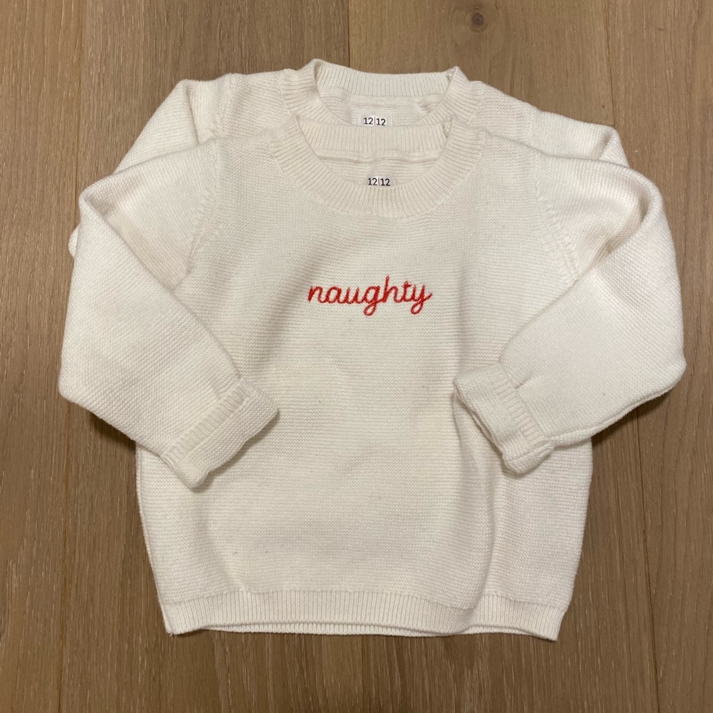 Set of 1212 white knit sweaters with “naughty” and “nice” - excellent condition